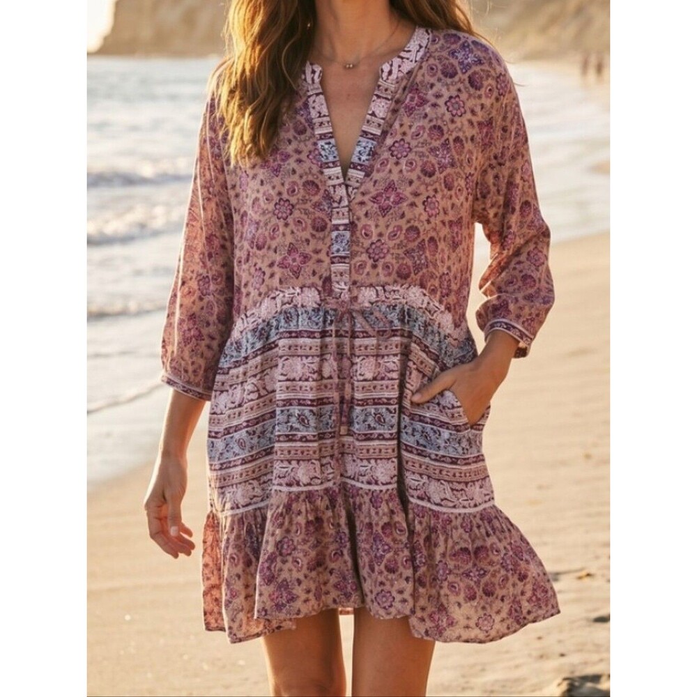 Billabong Marry Mine Boho Taupe & Magenta Print Tunic Relaxed Fit Dress - Medium